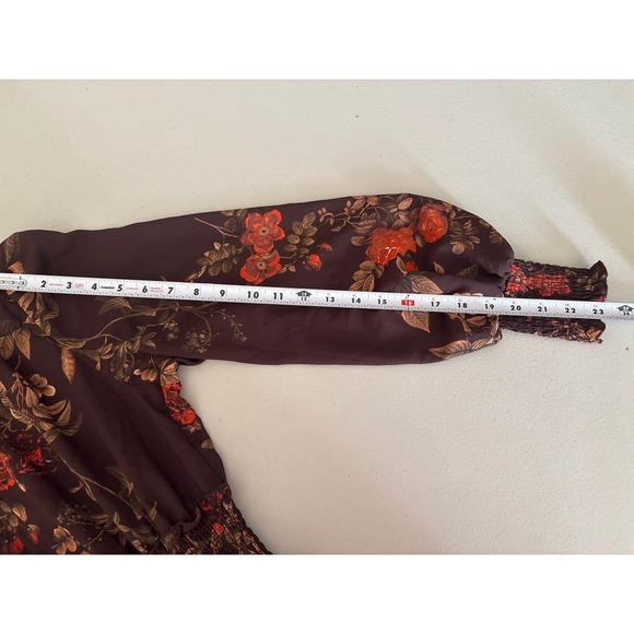 H&M Women's Size 6 Floral Smocked Brown Long Sleeve Ruffle Hem Boho Maxi Dress - Picture 7 of 13